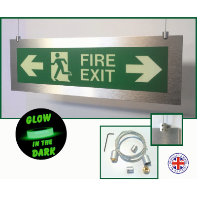 Fire Exit - Double Arrow Brushed Silver Hanging photoluminescent
